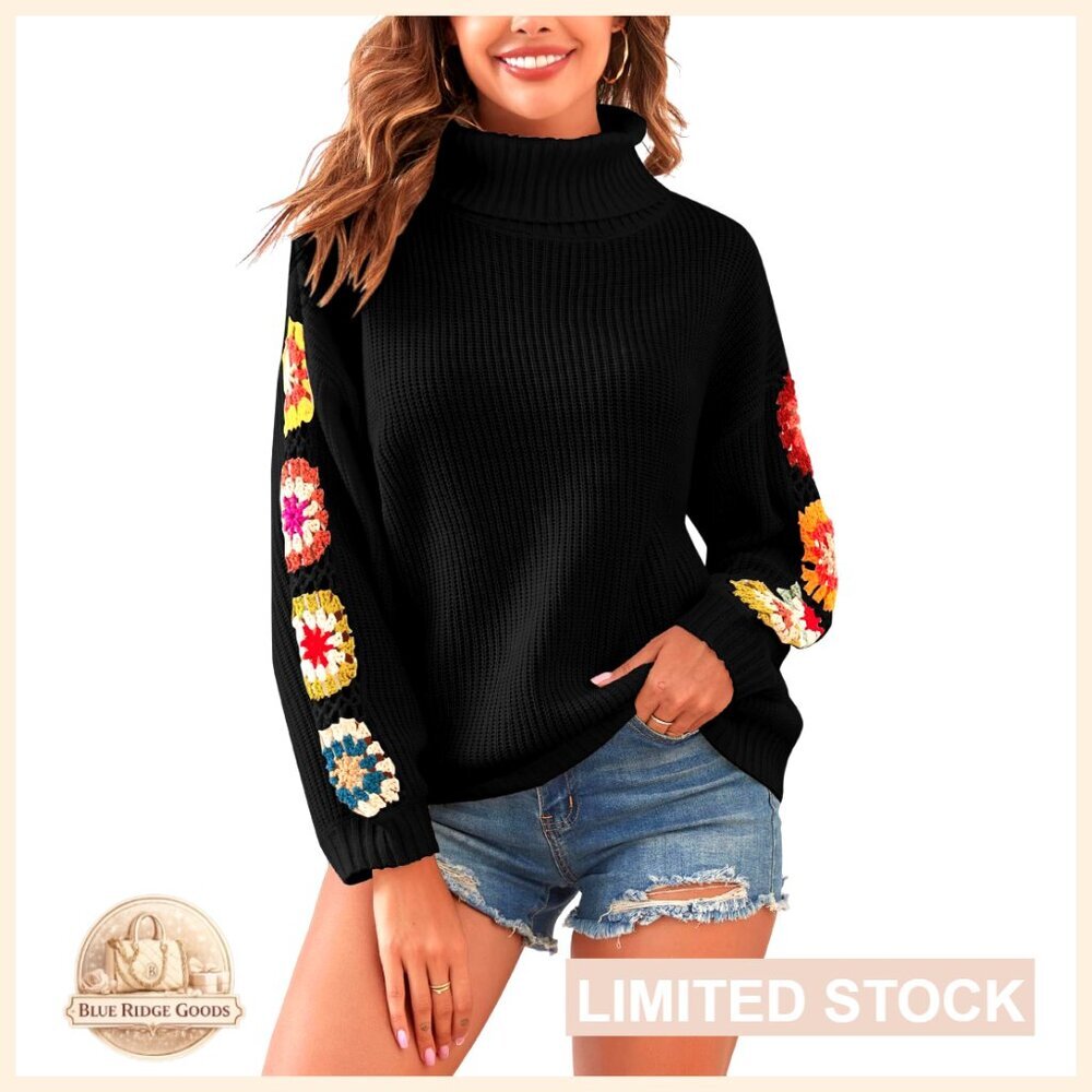 Flower Crochet Turtleneck Sweater Pullover Puff Long Sleeve Boho Knit